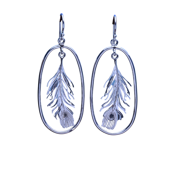 Peacock Feather Oval Frame Drop Earrings