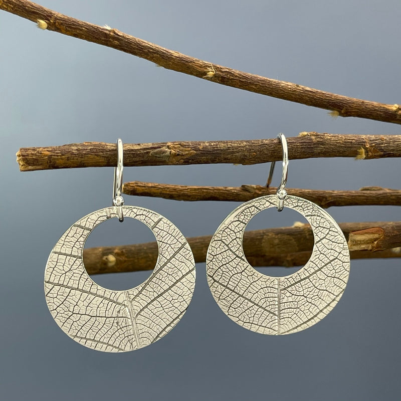Leaf Texture Open Center Disc Earrings,