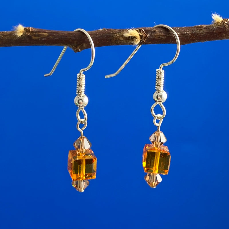 Beaded Swarovski Drop Earrings Orange/Champagne