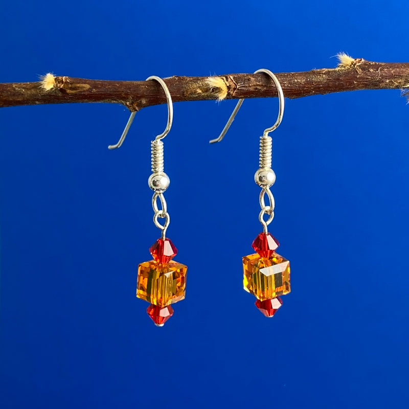 Beaded Swarovski Drop Earrings, Orange/RED