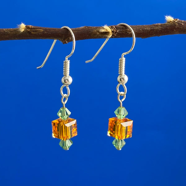 Beaded Swarovski Drop Earrings, Orange/Green