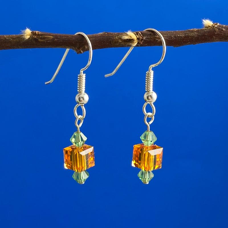 Beaded Swarovski Drop Earrings, Orange/Green