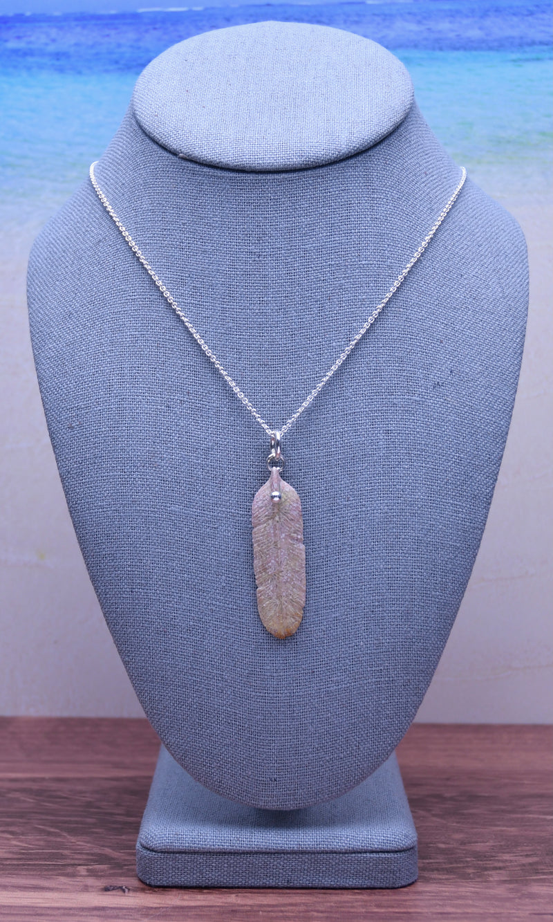 Fossil Coral Carved Feather Pendant