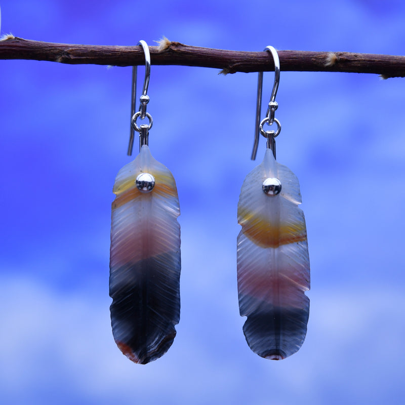 Piranha Agate Carved Feather Earrings