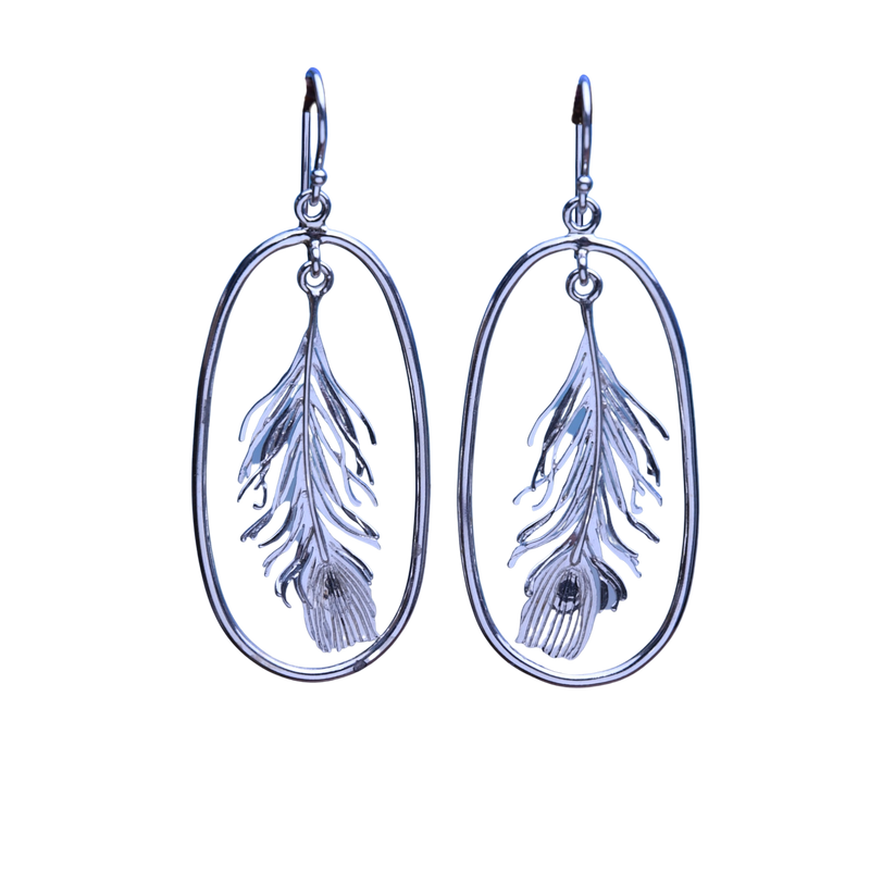 Peacock Feather Oval Frame Drop Earrings